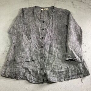 FLAX Womens 100% Linen Button Up Blouse Charcoal Gray Long Sleeve Shirt Size M